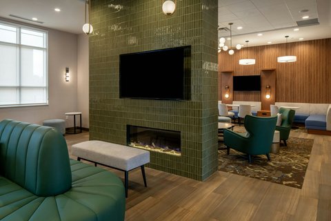 The lobby fireplace sets the scene for cozy nights