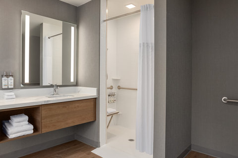 Accessible roll-in shower and vanity in downtown Houston.