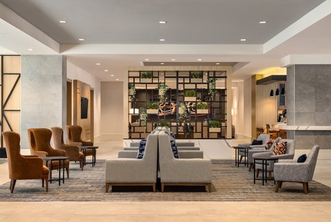 Comfortable lobby lounge at our downtown Houston hotel.