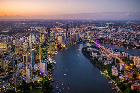 Brisbane city at dusk with sparkling Brisbane River views