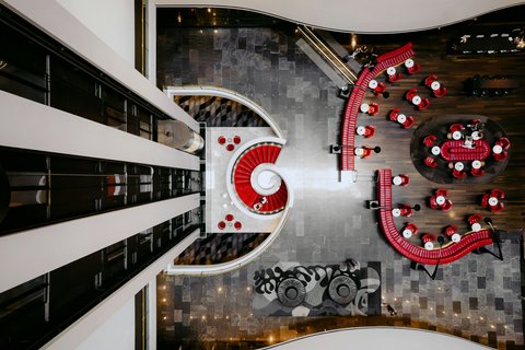 View from high floor to lobby and bar