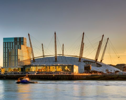 Iconic view of The O2 at sunset along The Thames.
