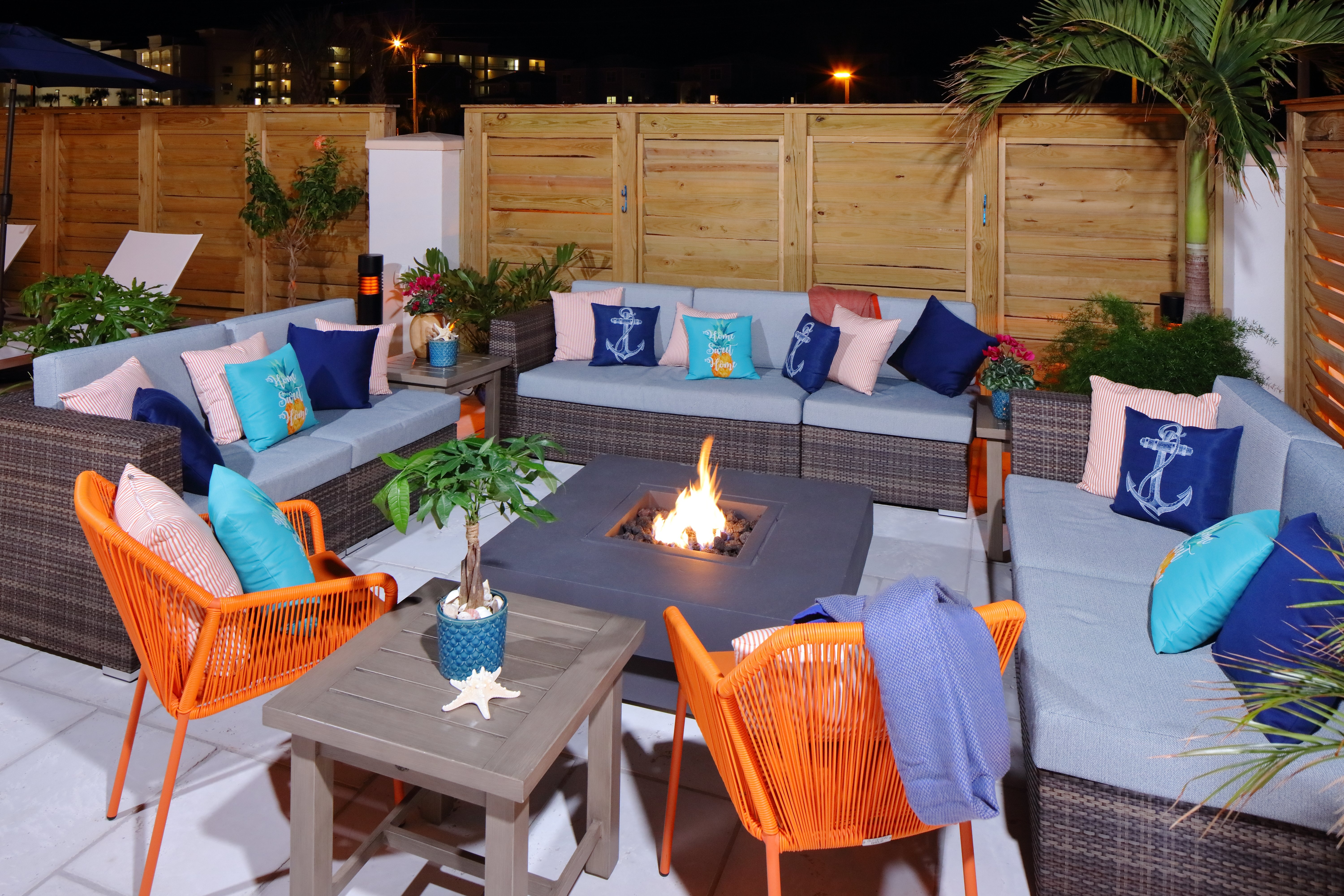 Outdoor Fire Pit in the Courtyard with Pillows & Blankets 