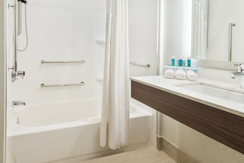 Accessible mobility bathroom with rub and extra grab bars