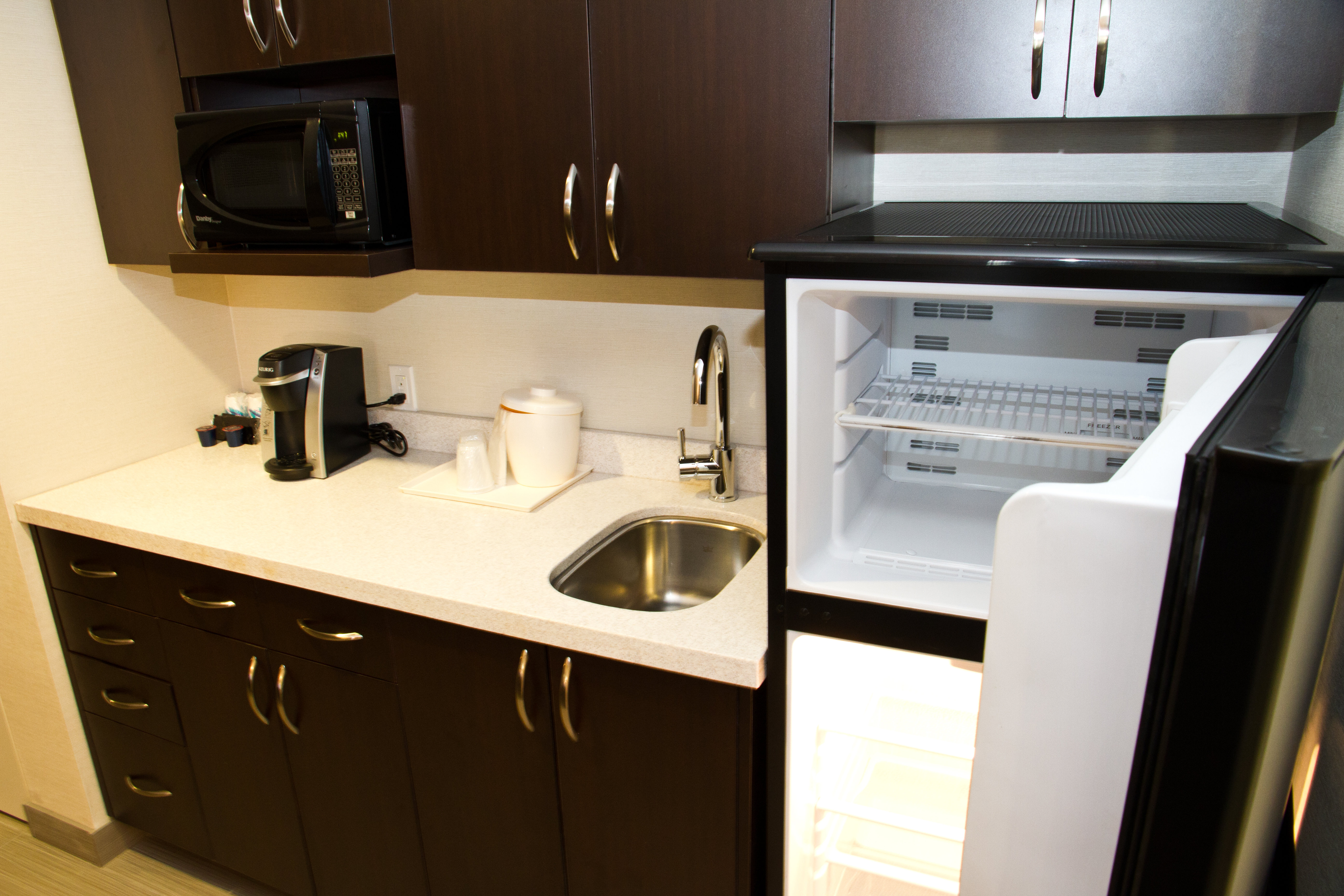 Keurig coffee maker and fridge available in all room