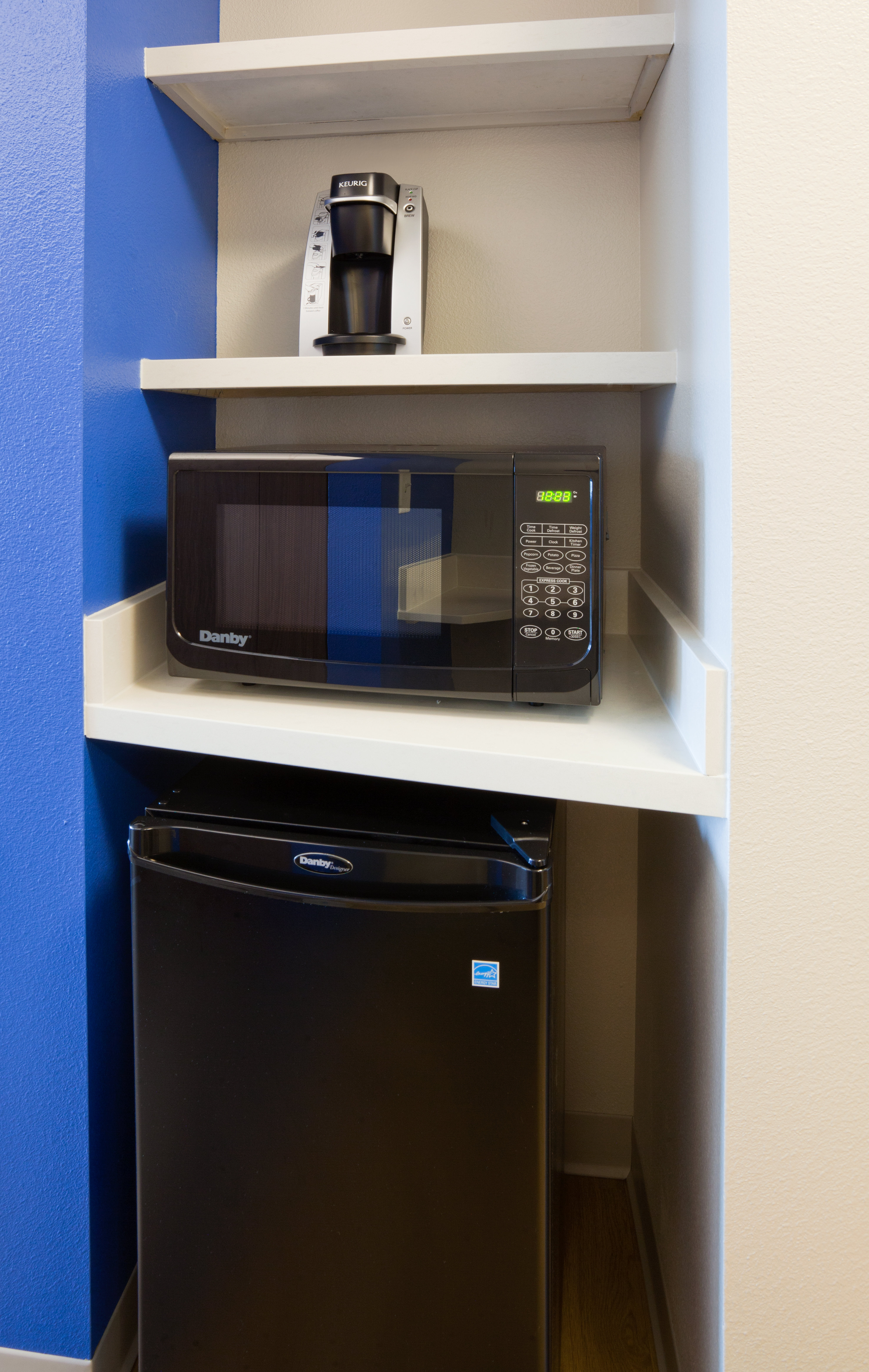 Rooms feature microwaves, refrigerator, and Keurig coffee makers