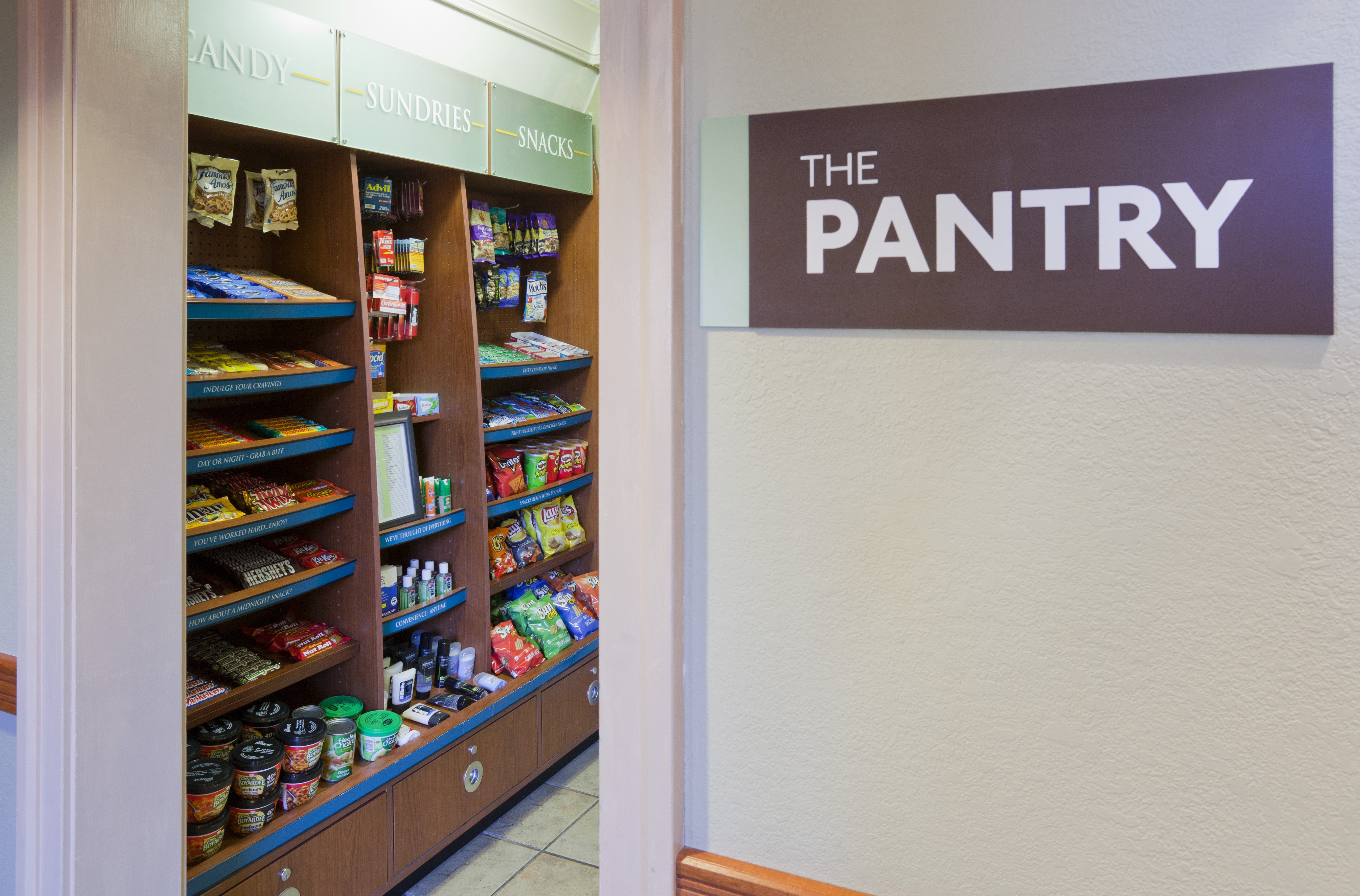 Snacks, beverages and necessities are available 24/7.