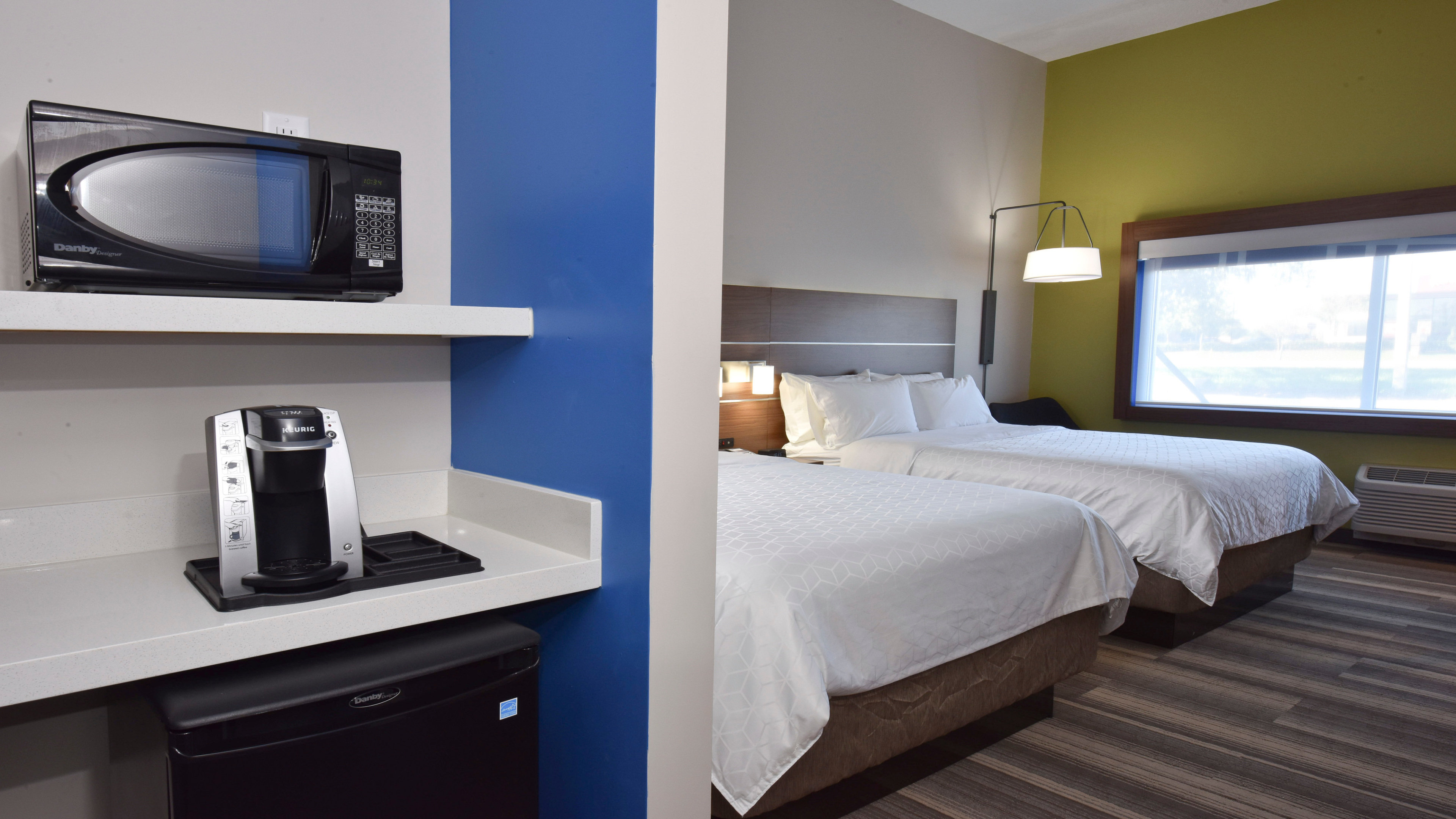 Keurig/coffee machine, oven and fridge are available in your room.