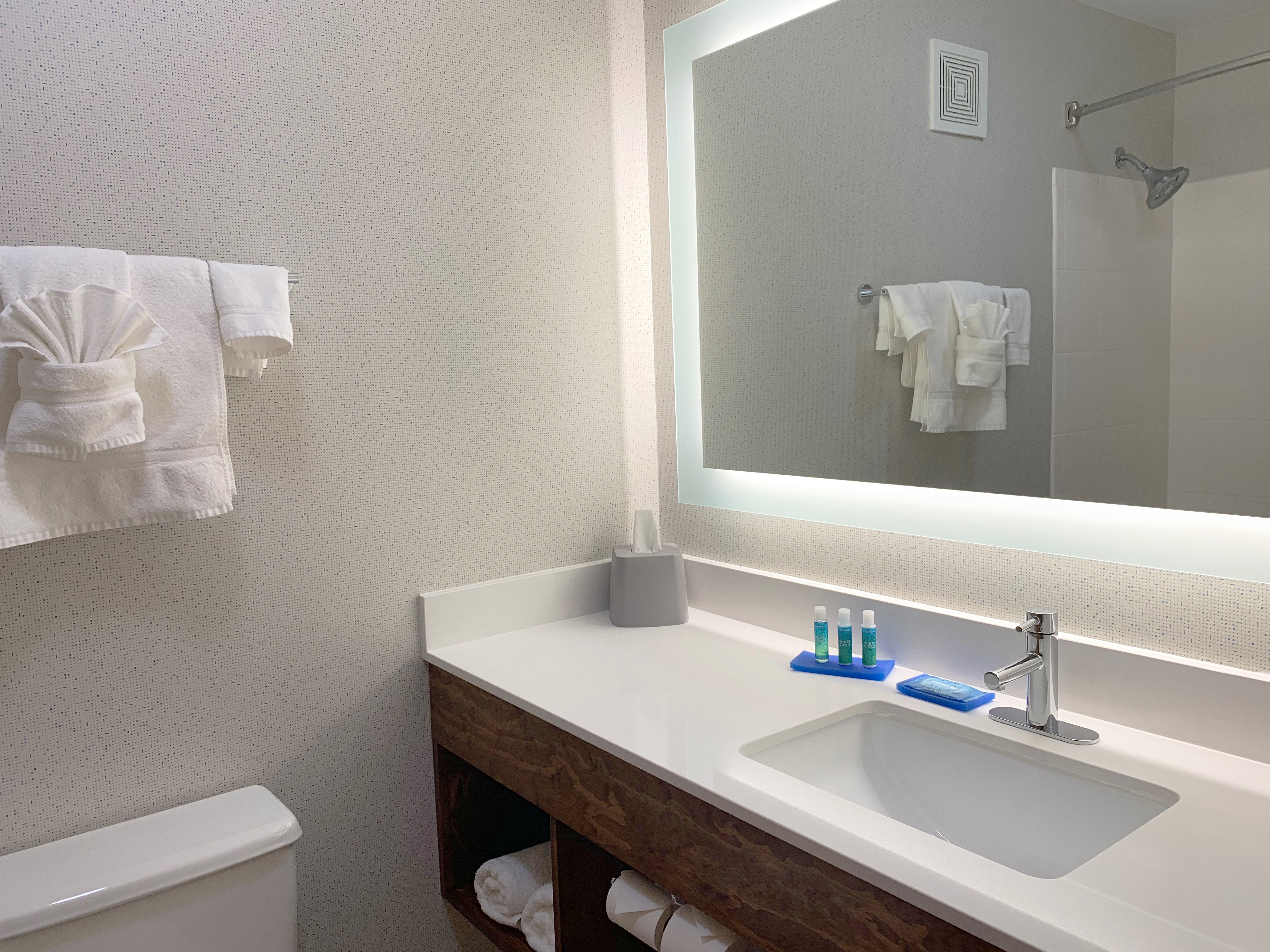 Our Danville hotel bathrooms offer plenty of counter top space.