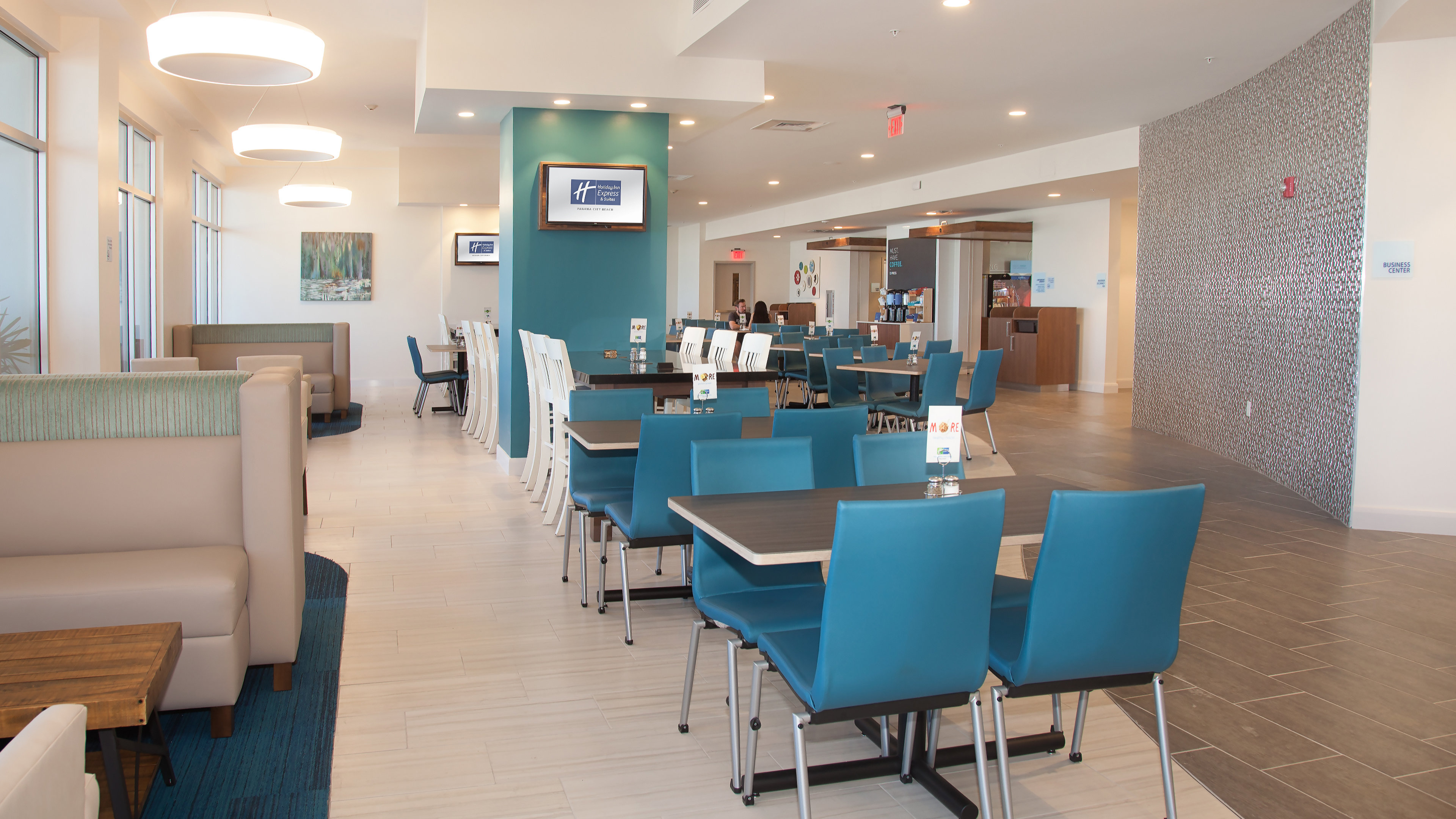 Indoor seating is located near the lobby.