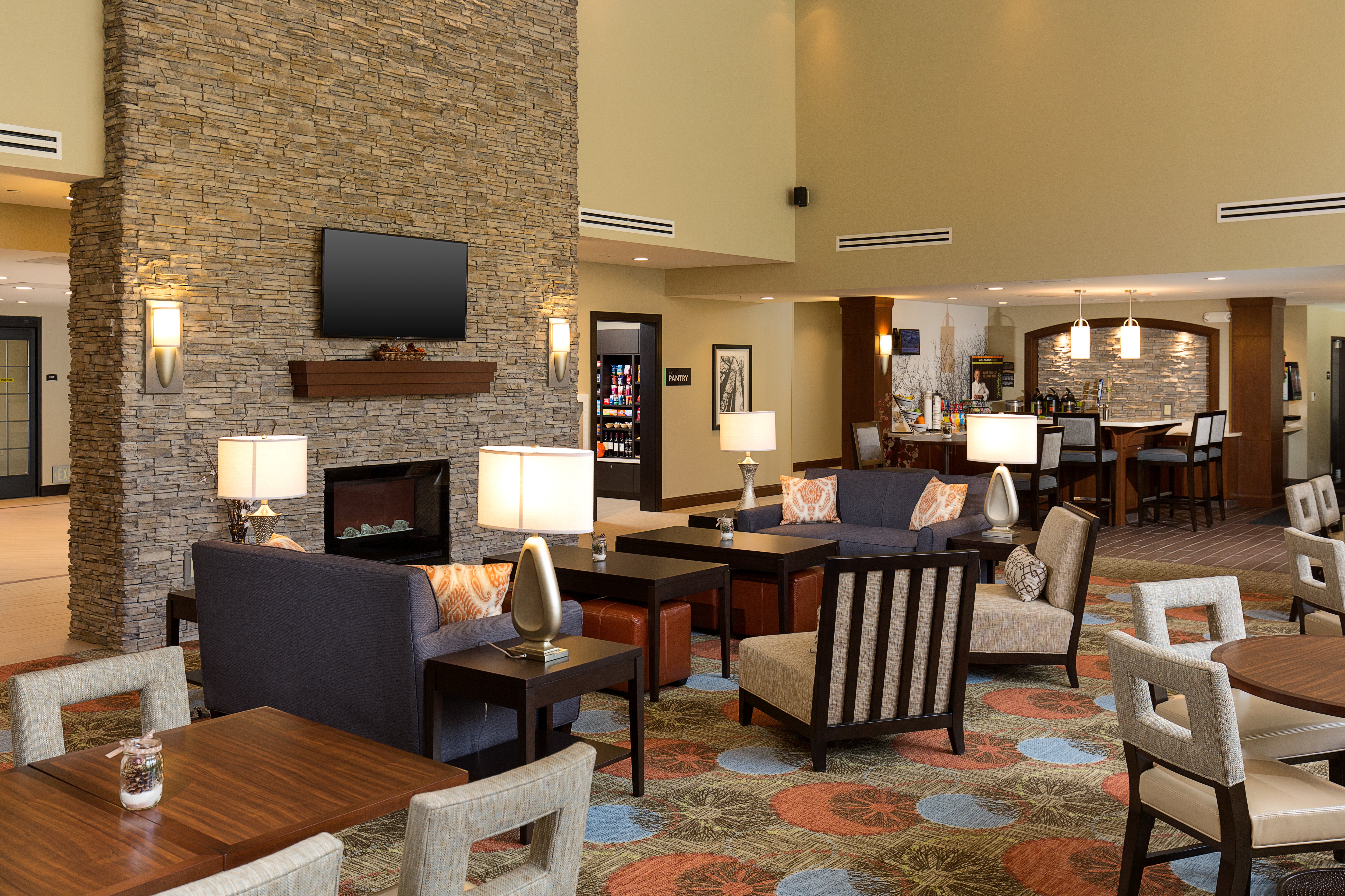 Our spacious lobby provides fireplace, TV and many seating options