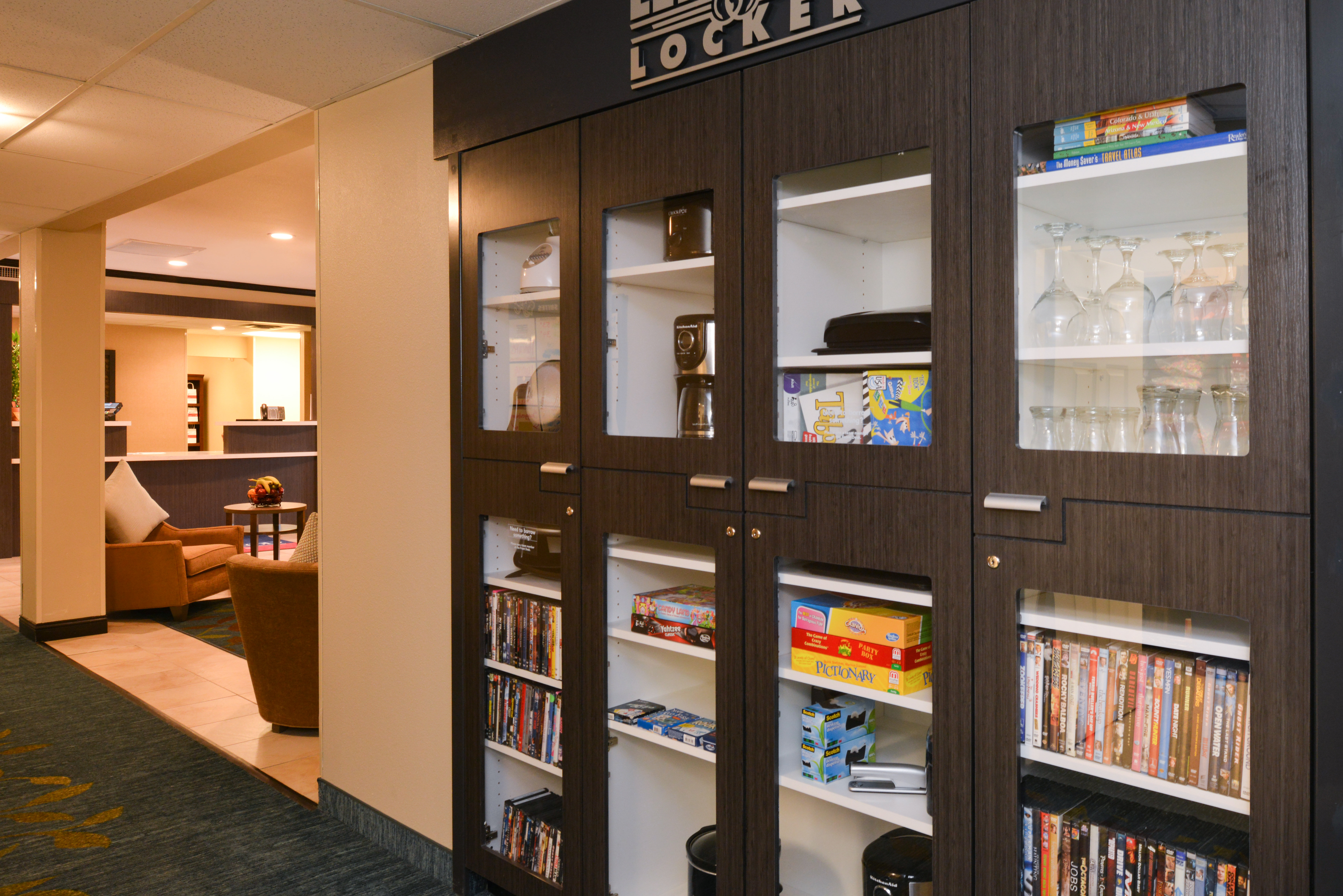 At the lending locker, guests can borrow games, movies, and more!