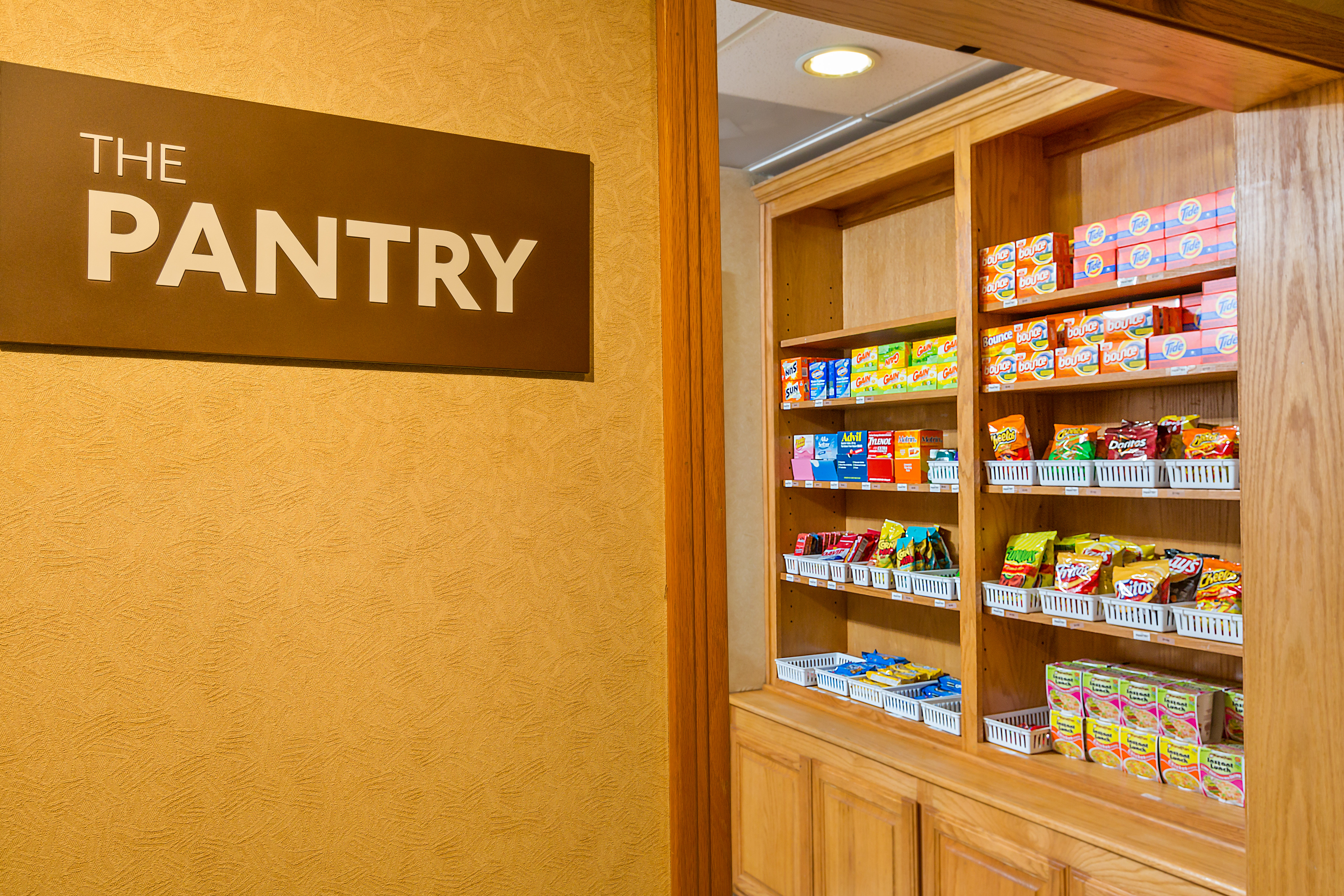 Snacks & beverages available for purchase 24/7 at the Pantry