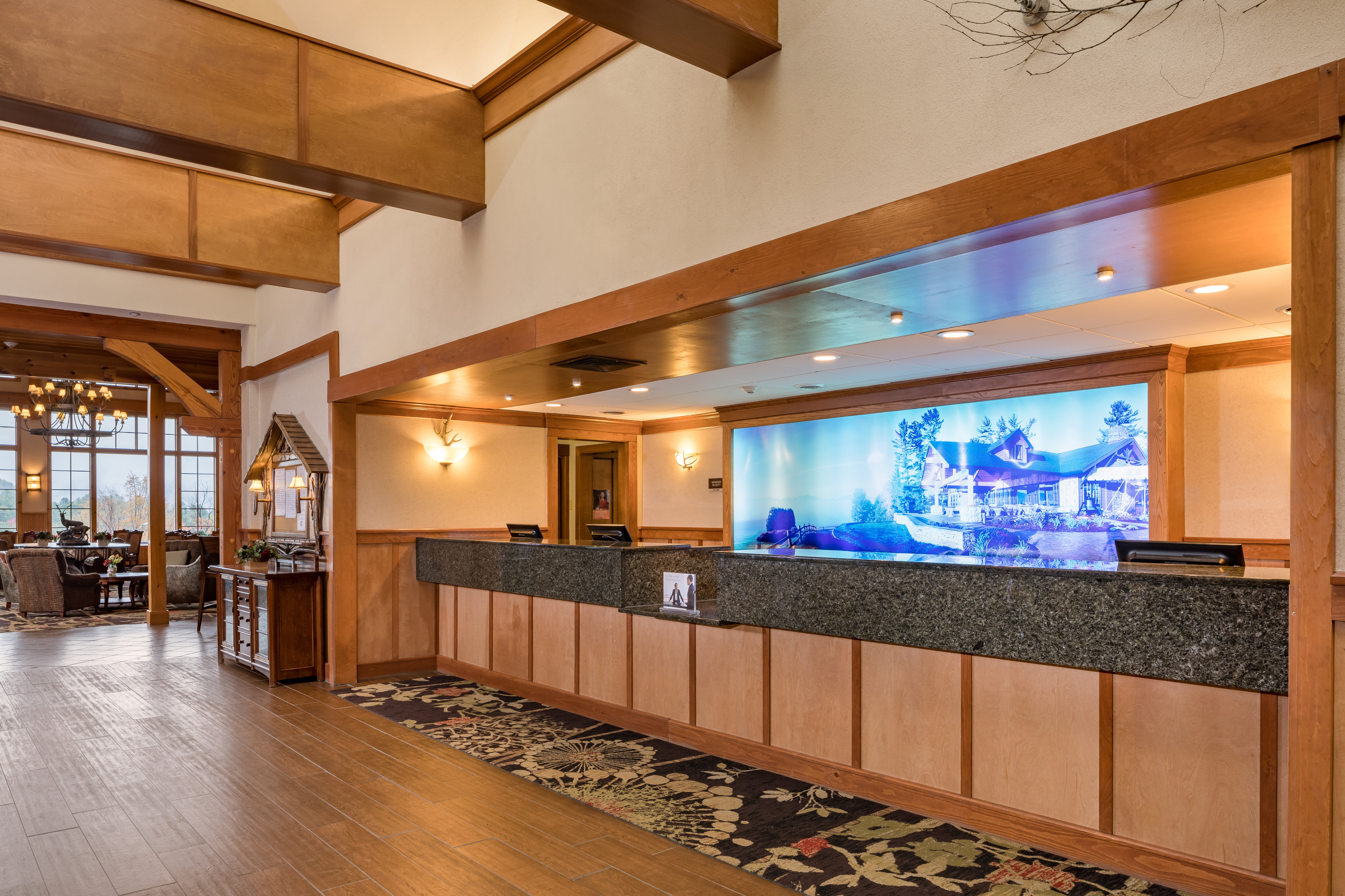 Our front desk is just a few steps from our Adirondack Great Room