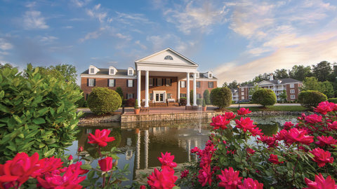 View of pink flowers in front of property building.