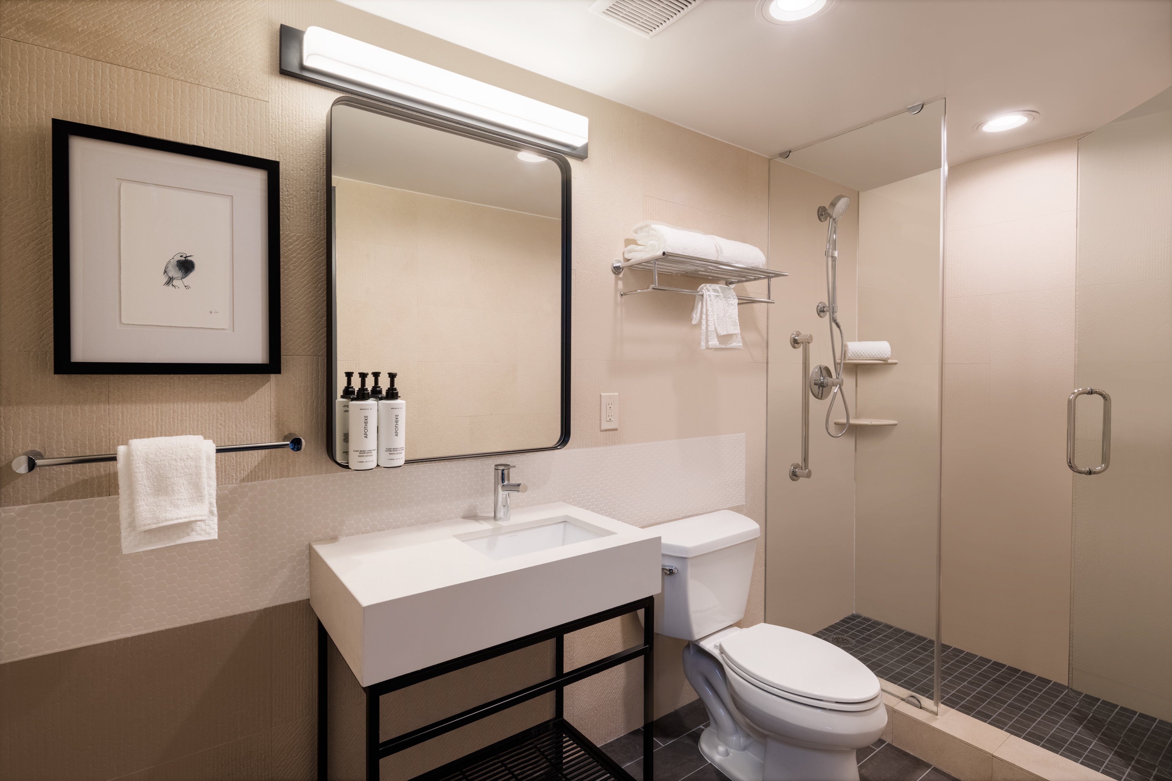 Newly renovated guest bath in our hotel near Hudson Yards.