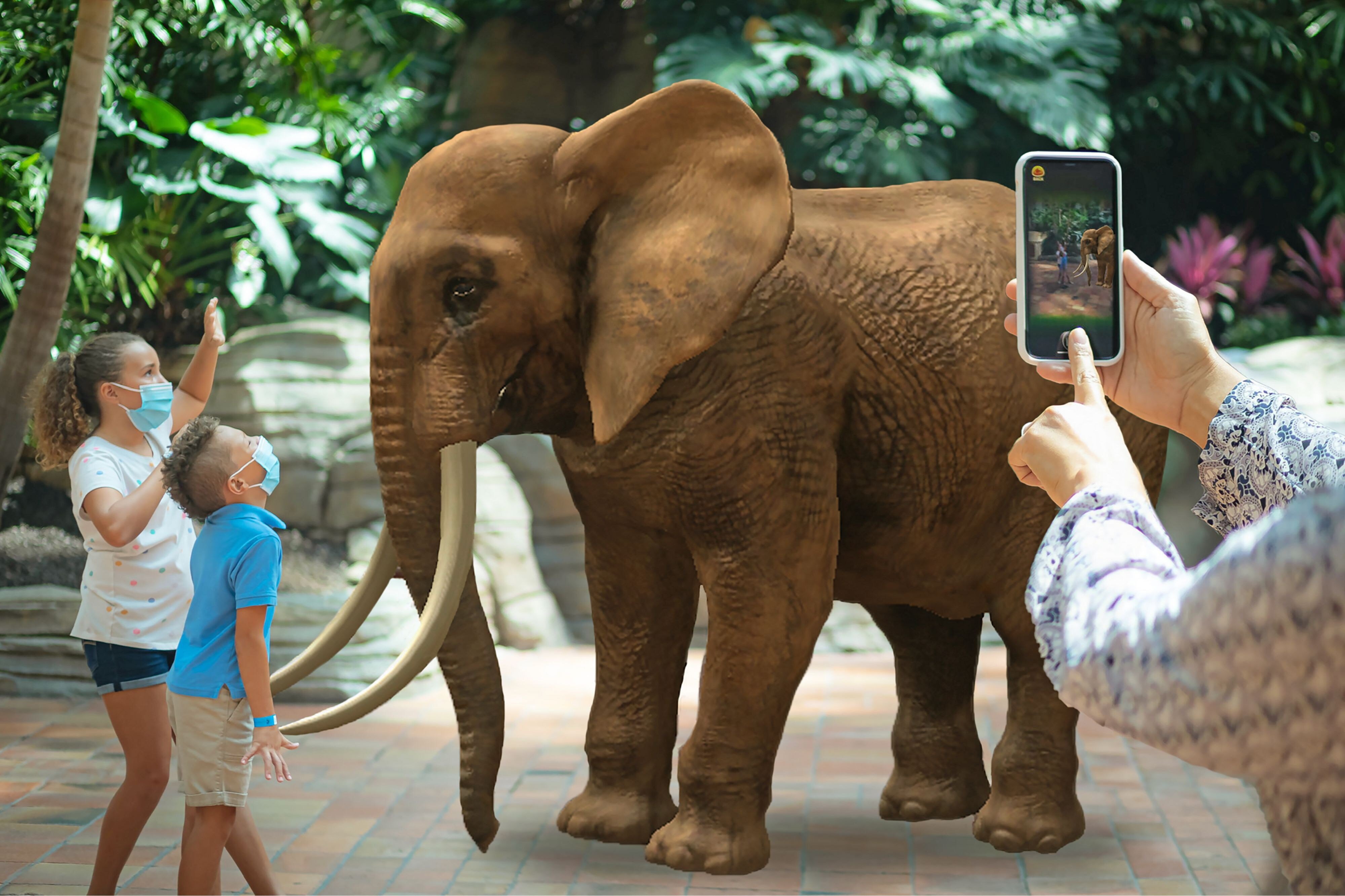Mom taking photo of kids and elephant