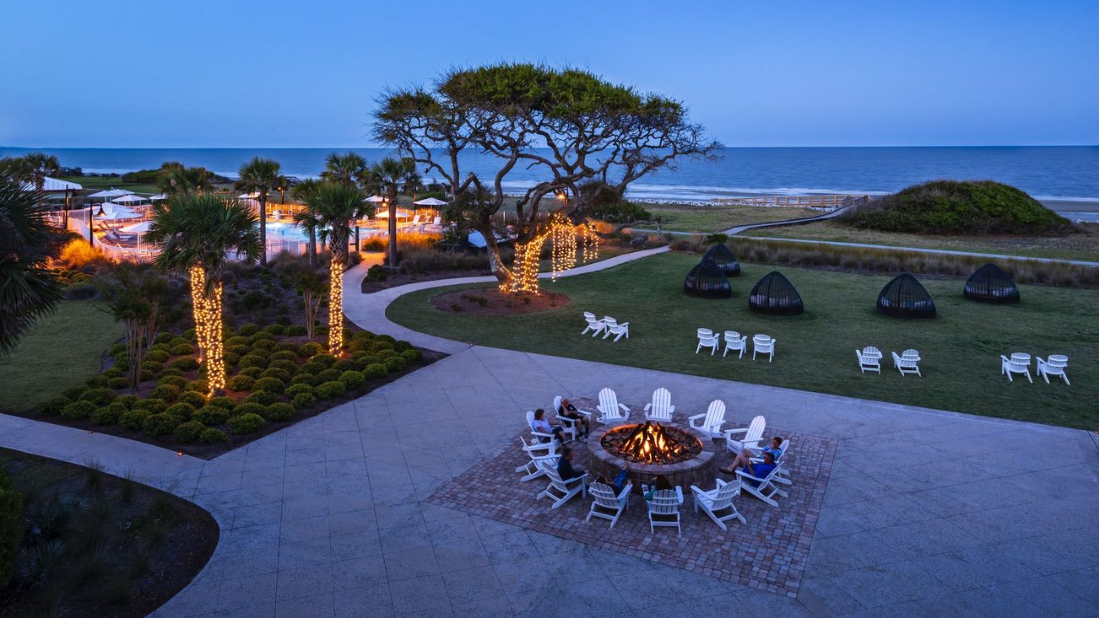 Enjoy our firepits and cabanas day or night!