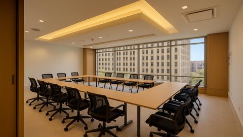 Collaborate in a bright meeting space with city views.